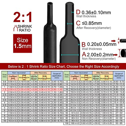 Chanzon 2:1 Ratio 1/16" (1.5mm) Heat Shrink Tubing 8Ft Roll Black - color: Black, size: 1.5mm (1/16") - 8FT