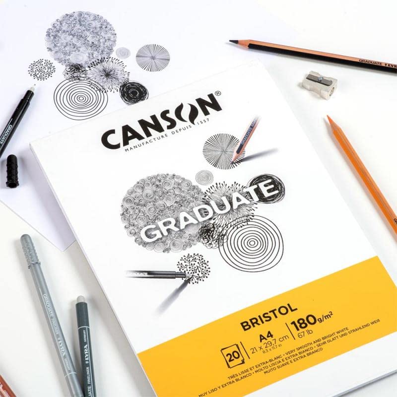 CANSON Graduate Bristol 180gsm A5 Paper, Very Smooth, Pad Glued Short Side, 20 Bright White Sheets, Ideal for Student Artists - size: A5