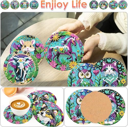 ijbnhd 8 PCS Animals Diamond Painting Coasters 4X4inch(Cork Wooden Pad) - color: Animals