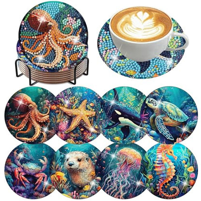 8 Pack Diamond Art Coasters,Ocean animal Diamond Painting Coasters Kits - color: Ocean Coasters-B