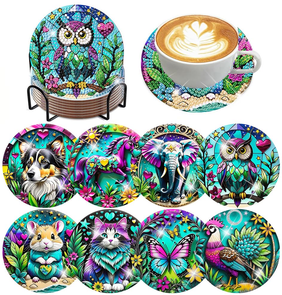 ijbnhd 8 PCS Animals Diamond Painting Coasters 4X4inch(Cork Wooden Pad) - color: Animals