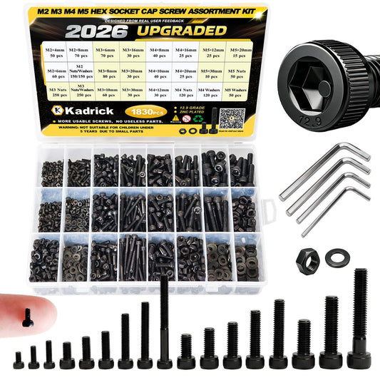 Kadrick Metric Screws Assortment,270 Pcs M4 Screw Kit,Hex Socket Head Cap Bolts, M4*6mm/8mm/12mm/16mm/20mm/30mm Screws Nuts and Washers, 12.9 Grade Alloy Steel,Black Zinc Plated,Anti Rust Upgrade - size: M4 270Pcs
